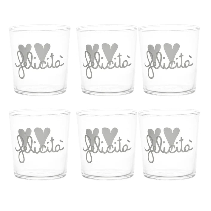 SET 6 BICCHIERI "FELICITA'" 35 CL VETRO TEMPERATO SERIGRAFATO BIANCO