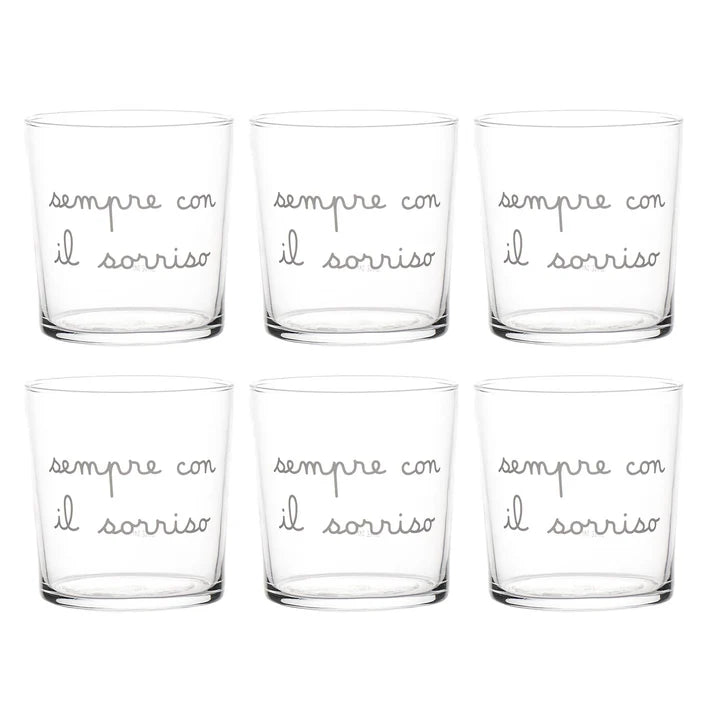 SET 6 BICCHIERI ACQUA DECORO 2 SEMPRE CON IL SORRISO" IN VETRO TEMPERATO SERIGRAFATO IN BIANCO