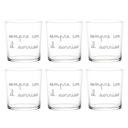 SET 6 BICCHIERI ACQUA DECORO 2 SEMPRE CON IL SORRISO" IN VETRO TEMPERATO SERIGRAFATO IN BIANCO