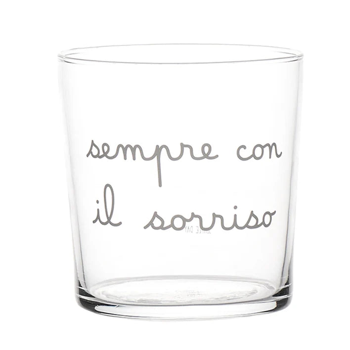 SET 6 BICCHIERI ACQUA DECORO 2 SEMPRE CON IL SORRISO" IN VETRO TEMPERATO SERIGRAFATO IN BIANCO