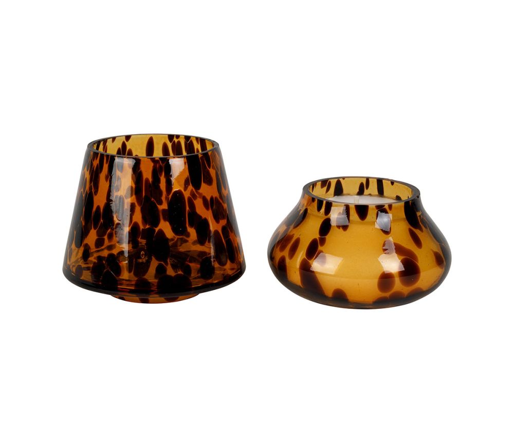 VASO PORTACANDELA FORMATO DA DUE PEZZI DECORO ANIMALIER AMBRA D. 10 X 13H