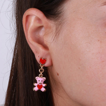Orecchini in Metallo con orsetto rosa e cuore rosso