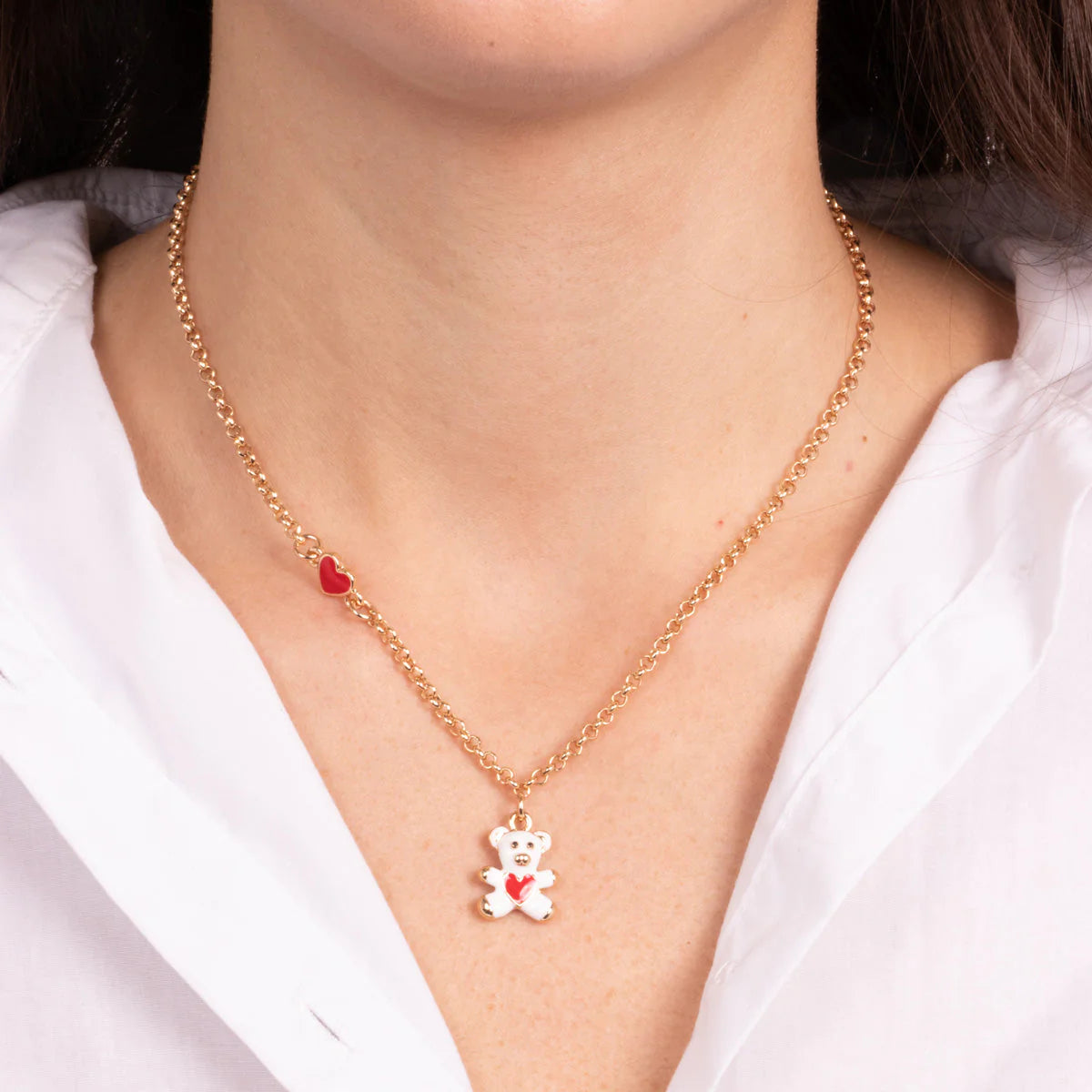 AMOCAPRI Collana in Metallo con orso bianco e cuore rosso