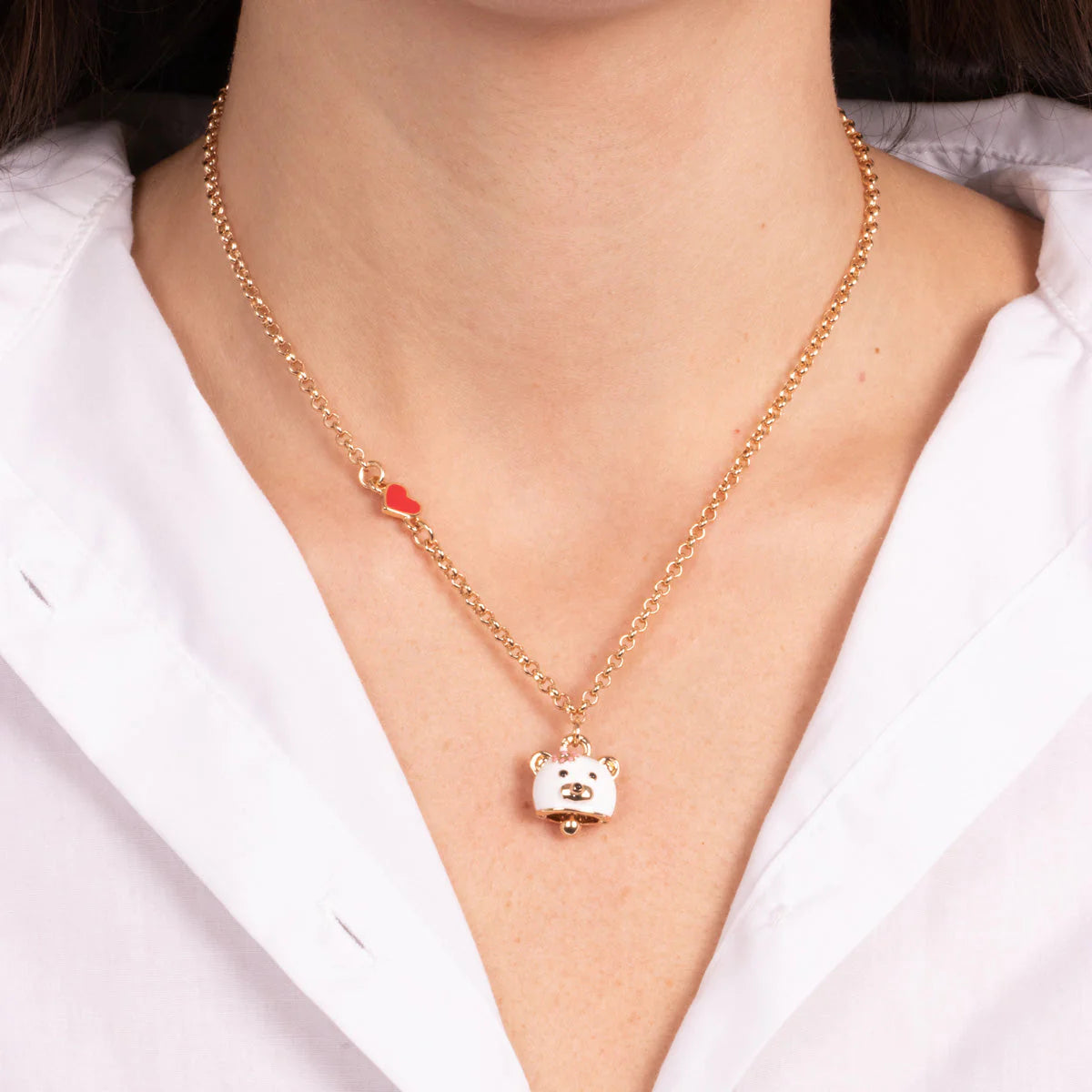 Collana in Metallo con campanella a forma di orso rosa e cuore rosso