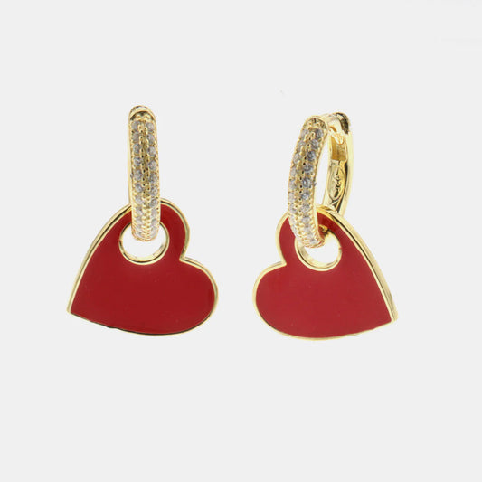 Orecchini in Argento 925 cerchi con zirconi bianchi e pendenti a forma di cuore con smalto rosso