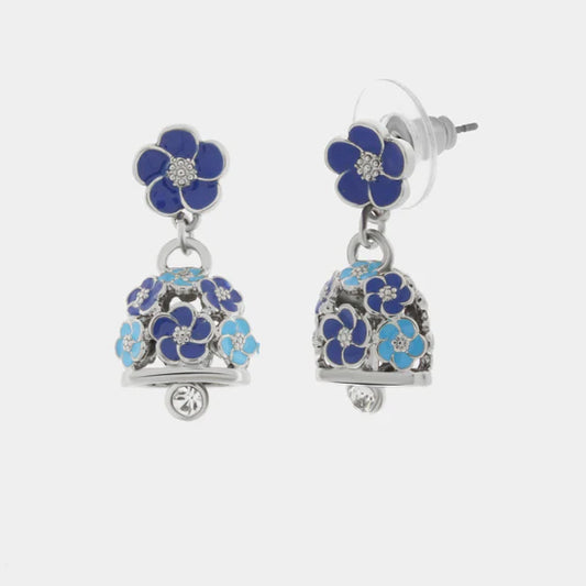 AmoCapri Orecchini in Metallo con campanella e fiori blu, azzurri e bianchi