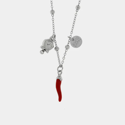 AMOCAPRI Collana in Metallo con corno in smalto rosso e campana bianca pendente