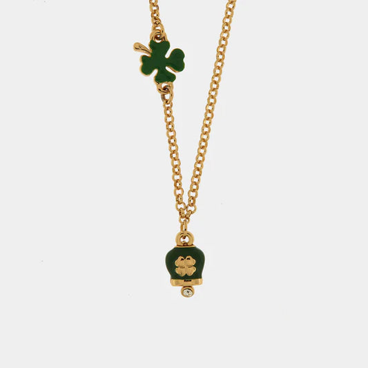 AMOCAPRI Collana in Metallo con cuore e campanella portafortuna verde con quadrifoglio