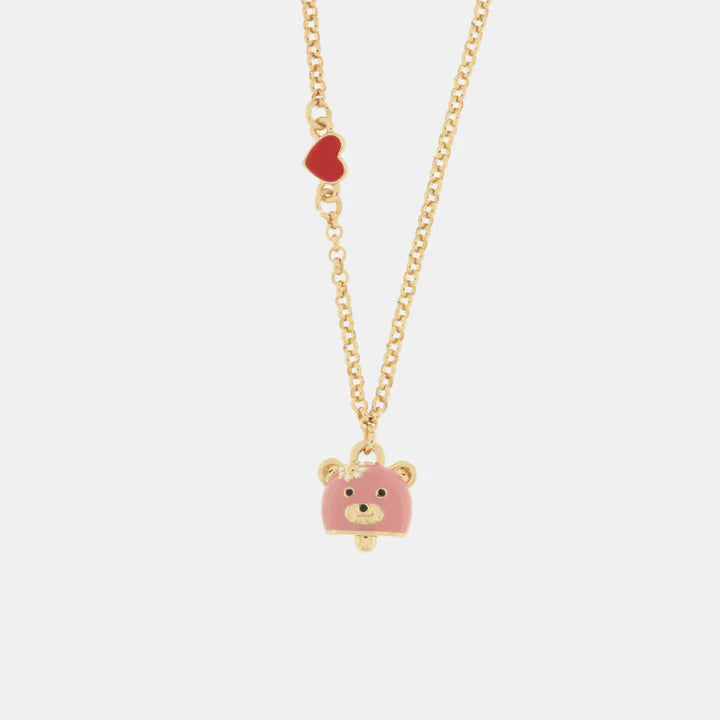 Collana in Metallo con campanella a forma di orso rosa e cuore rosso