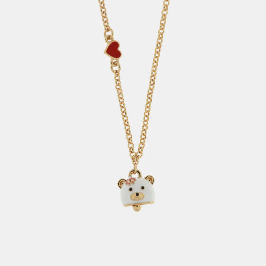 Collana in Metallo con campanella a forma di orso rosa e cuore rosso