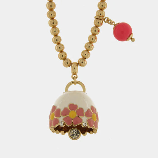 AMOCAPRI Collana in Metallo con campanella bianca e fiori e pietra rosa