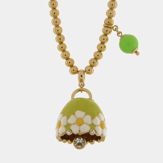 AMOCAPRI Collana in Metallo con campanella verde e fiori e perla