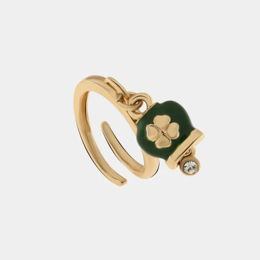AMOCAPRI Anello in Metallo con campanella portafortuna verde con quadrifoglio