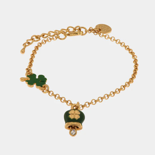 AMOCAPRI Bracciale in Metallo con cuore e campanella portafortuna verde con quadrifoglio