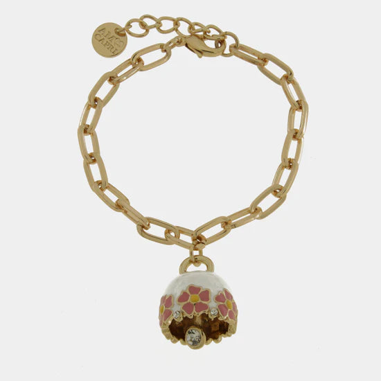 AMOCAPRI Bracciale in Metallo con campanella bianca e fiori rosa