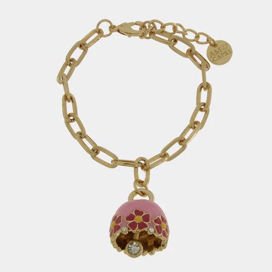 AMOCAPRI Bracciale in Metallo con campanella rosa e fiori