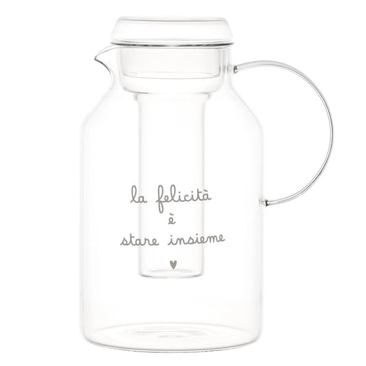 CARAFFA IN VETRO CON PORTAGHIACCIO DECORO " LA FELICITA' E' STARE INSIEME"Dimensioni: 14 cm x 23,5 cm