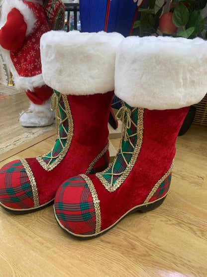 COPPIA STIVALI BABBO NATALE DECORAZIONE ROSSI CON STRINGHE ORO E PELLICCIA H 40 X 30 L.