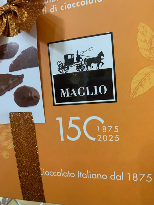 MAGLIO SCATOLA REGALO FRUTTA RICOPERTA DI CIOCCOLATO PESCHE ALBICOCCHE MANDARINI 200 GR.