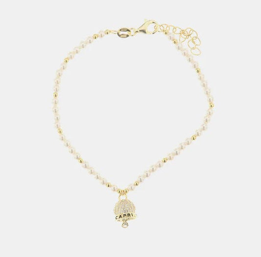 Dolci pensieri gift AMO CAPRI Bracciale in Argento 925 campanella portafortuna impreziosita da zirconi bianchi e perline con scritta amo capri