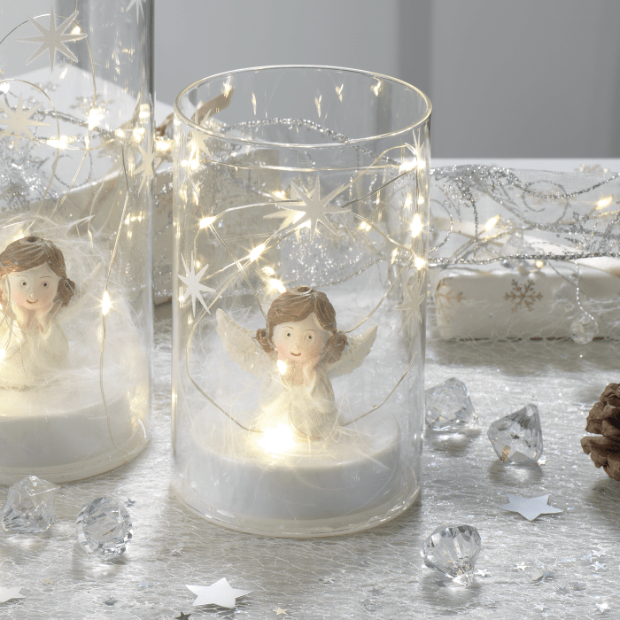 Dolci pensieri gift BICCHIERE IN VETRO CON ANGELO IN RESINA PIUME E LUCI A LED ALIMENTAZIONE A BATTERIA