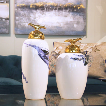 Dolci pensieri gift POTICHE IN CERAMICA CON COPERCHIO ORO Potiche  BIANCO E AZZURRO H 50 CM