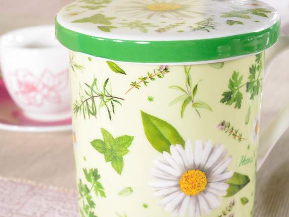 TAZZA TISANA MARGHERITE ERBE E CAMOMILLA DUE COLORI COPERCHIO E INFUSORE IN METALLO