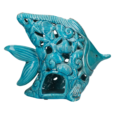 PESCE PORTACANDELE IN CERAMICA TURCHESE DECORATO CON CONCHIGLIEE STELLE MARINE