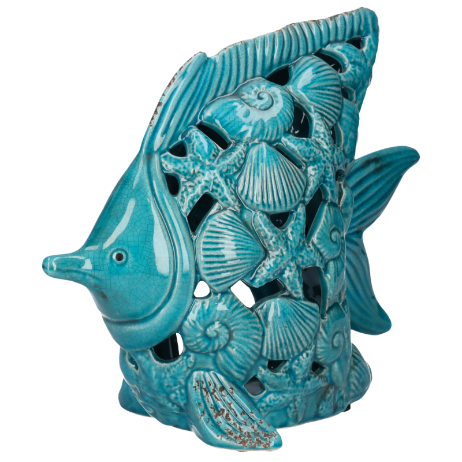 PESCE PORTACANDELE IN CERAMICA TURCHESE DECORATO CON CONCHIGLIEE STELLE MARINE