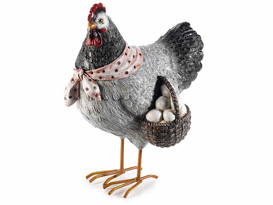 GALLINELLA DECORATIVA IN RESINA CON FOULARD E CESTINO Misure: cm 20 x 13,5 x 25,5 H