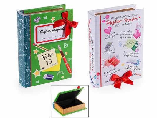 SCATOLA LIBRO IN LEGNO FODERATO CON DECORO MAESTRA CON FIOCCO IN DUE VERSIONI