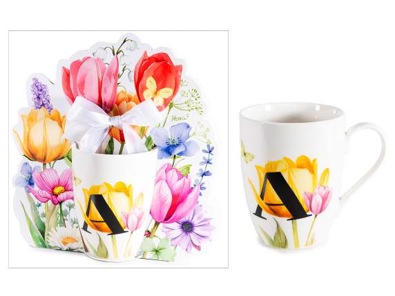TAZZA 300 ML FLOREALE,CON LETTERA "A" CONFEZIONE REGALO SAGOMATA CON FIOCCO