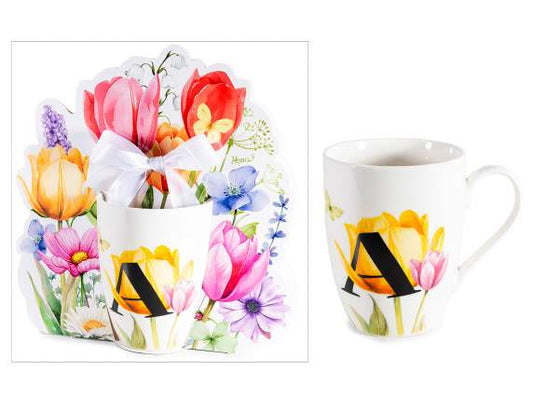 TAZZA 300 ML FLOREALE,CON LETTERA "A" CONFEZIONE REGALO SAGOMATA CON FIOCCO