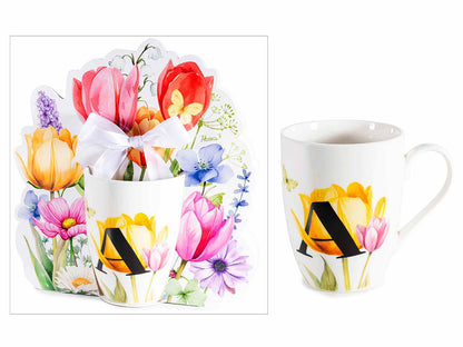 TAZZA 300 ML FLOREALE,CON LETTERA "A" CONFEZIONE REGALO SAGOMATA CON FIOCCO