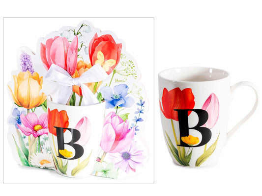 TAZZA FLOREALE 300 ML CON INIZIALE"B" CONFEZIONE REGALO SAGOMATA CON FIOCCO