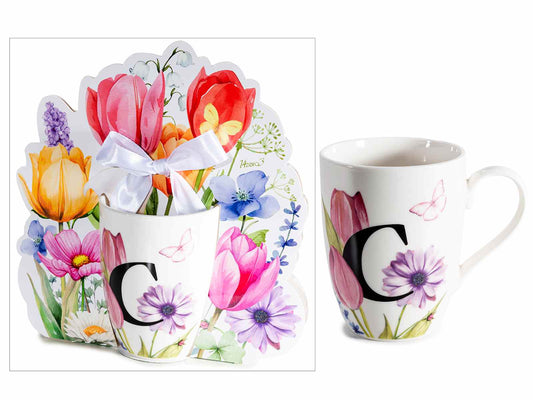 TAZZA FLOREALE 300 ML  CON INIZIALE" C"CONFEZIONE SAGOMATA CON FIOCCO