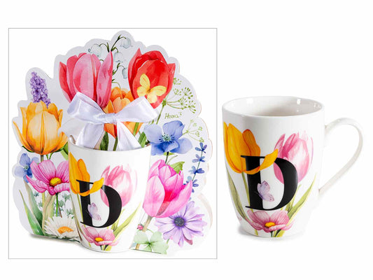 TAZZA FLOREALE 300 ML CON INIZIALE "D" CONFEZIONE REGALO SAGOMATA CON FIOCCO