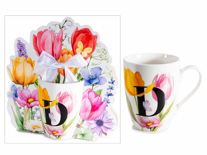 TAZZA FLOREALE 300 ML CON INIZIALE "D" CONFEZIONE REGALO SAGOMATA CON FIOCCO