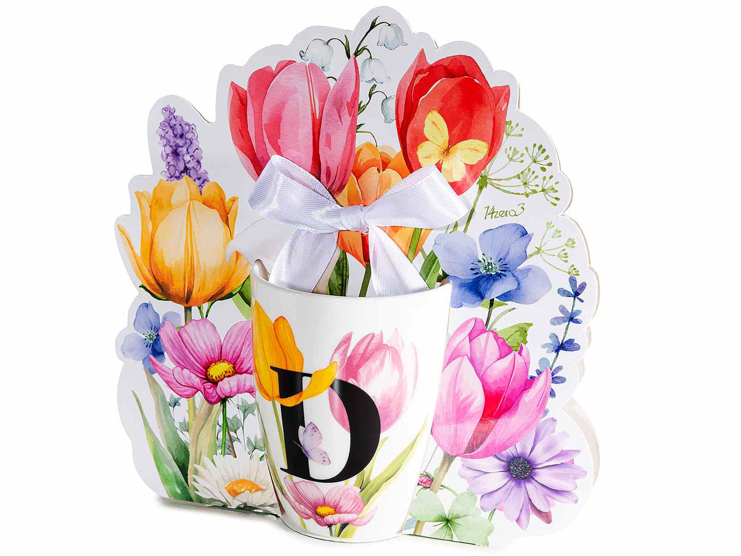 TAZZA FLOREALE 300 ML CON INIZIALE "D" CONFEZIONE REGALO SAGOMATA CON FIOCCO