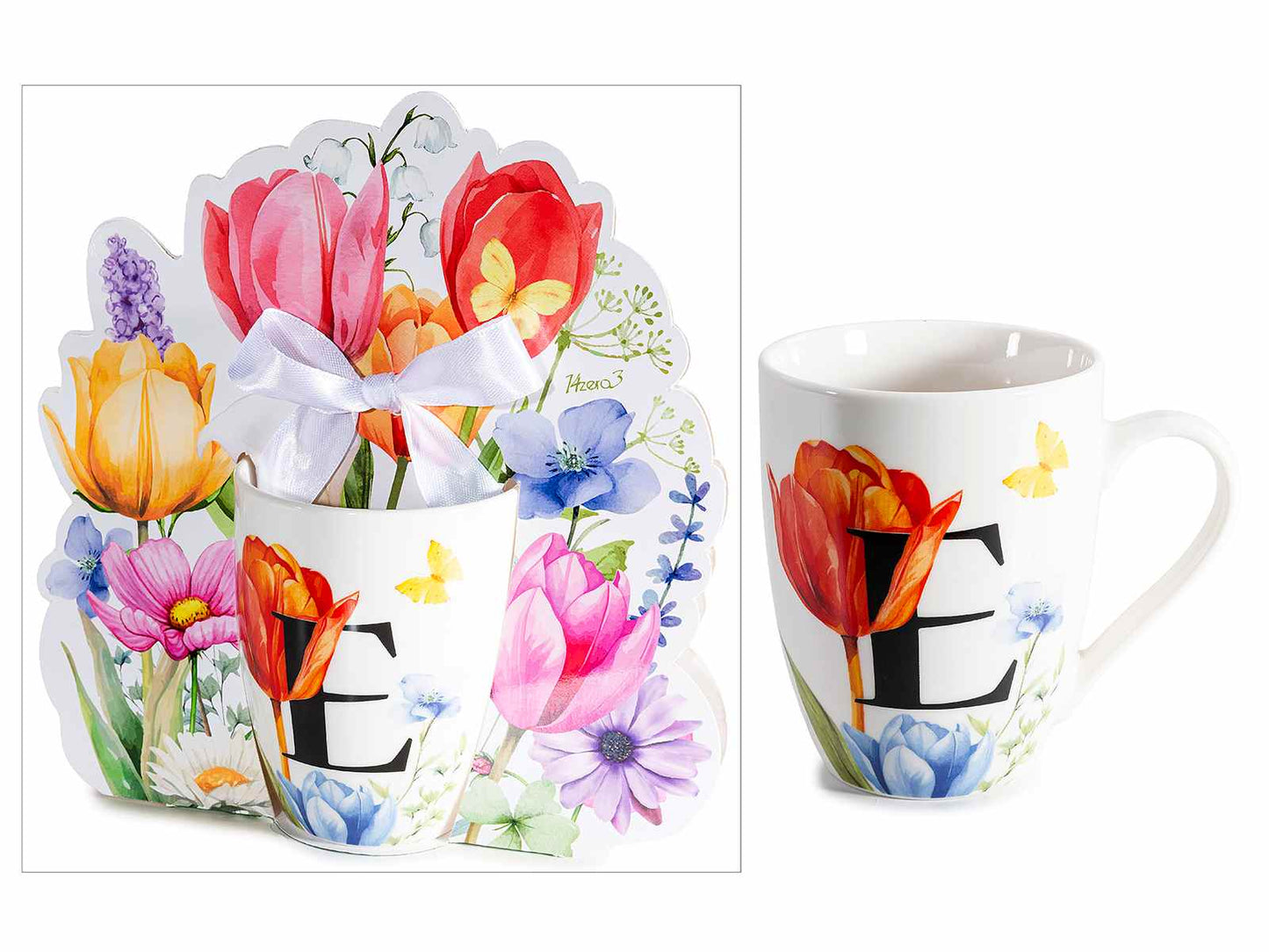 TAZZA FLOREALE CON INIZIALE "E" 300 ML CONFEZIONE REGALO SAGOMATO CON FIOCCO