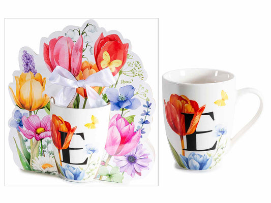 TAZZA FLOREALE CON INIZIALE "E" 300 ML CONFEZIONE REGALO SAGOMATO CON FIOCCO