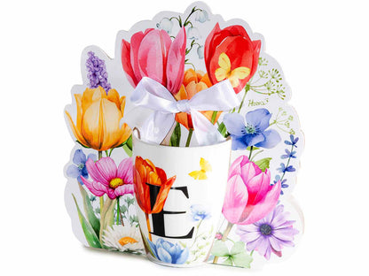 TAZZA FLOREALE CON INIZIALE "E" 300 ML CONFEZIONE REGALO SAGOMATO CON FIOCCO