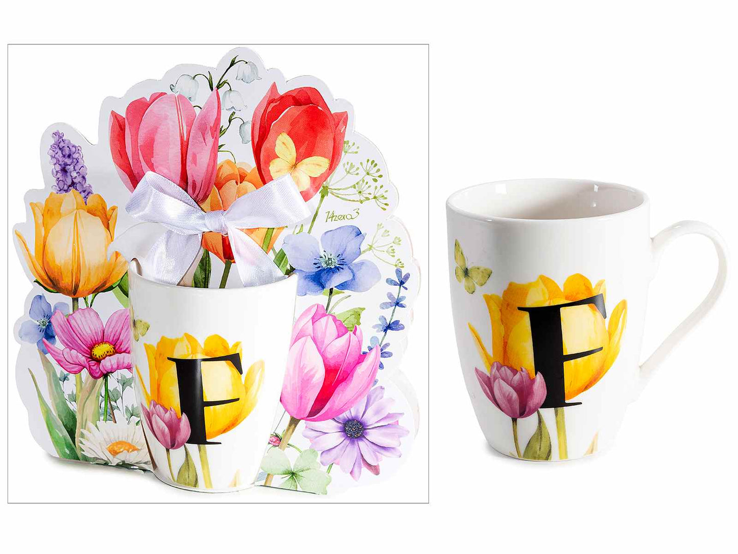 TAZZA FLOREALE 300 ML CON INIZIALE "F" CONFEZIONE REGALO SAGOMATA CON FIOCCO