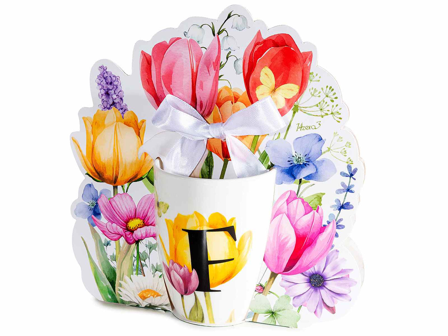 TAZZA FLOREALE 300 ML CON INIZIALE "F" CONFEZIONE REGALO SAGOMATA CON FIOCCO