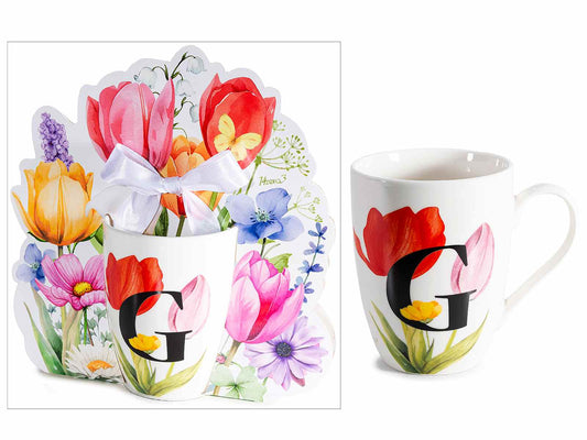 TAZZA FLOREALE 300 ML CON INIZIALE "G" CONFEZIONE SAGOMATA CON FIOCCO