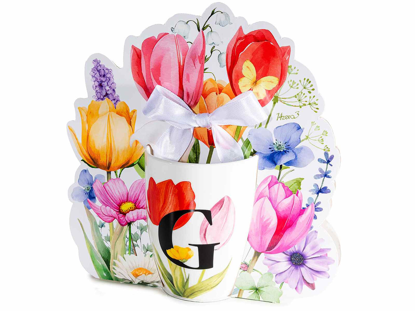 TAZZA FLOREALE 300 ML CON INIZIALE "G" CONFEZIONE SAGOMATA CON FIOCCO