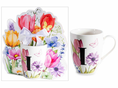 TAZZA FLOREALE 300 ML CON INIZIALE"I" CONFEZIONE REGALO SAGOMATA CON FIOCCO