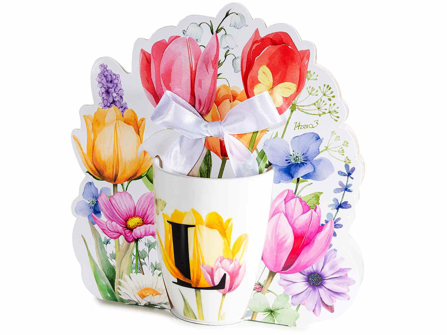 TAZZA FLOREALE 300 ML CON INIZILAE "L" CONFEZIONE REGALO SAGOMATA CON FIOCCO.