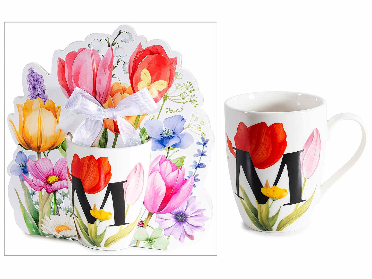 TAZZA FLOREALE 300 ML CON INIZIALE "M" CONFEZIONE REGALOSAGOMATA CON FIOCCO