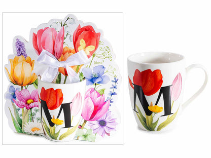TAZZA FLOREALE 300 ML CON INIZIALE "M" CONFEZIONE REGALOSAGOMATA CON FIOCCO